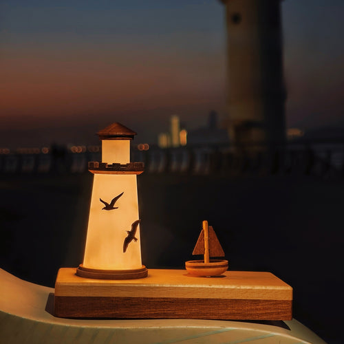 Solid Wood Lighthouse Ambient Lamp – Handcrafted LED Desk Light for Home Décor & Gifting