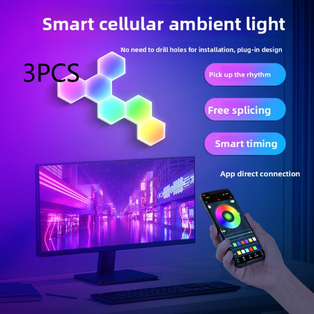 Hexagonal RGB LED Wall Light – Modular Smart Panels with Wi-Fi & Bluetooth App Control