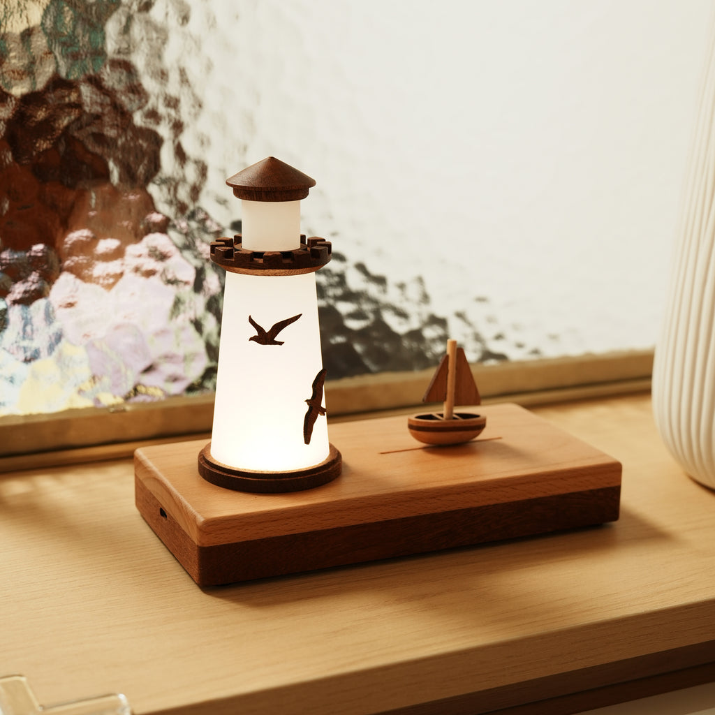 Solid Wood Lighthouse Ambient Lamp – Handcrafted LED Desk Light for Home Décor & Gifting