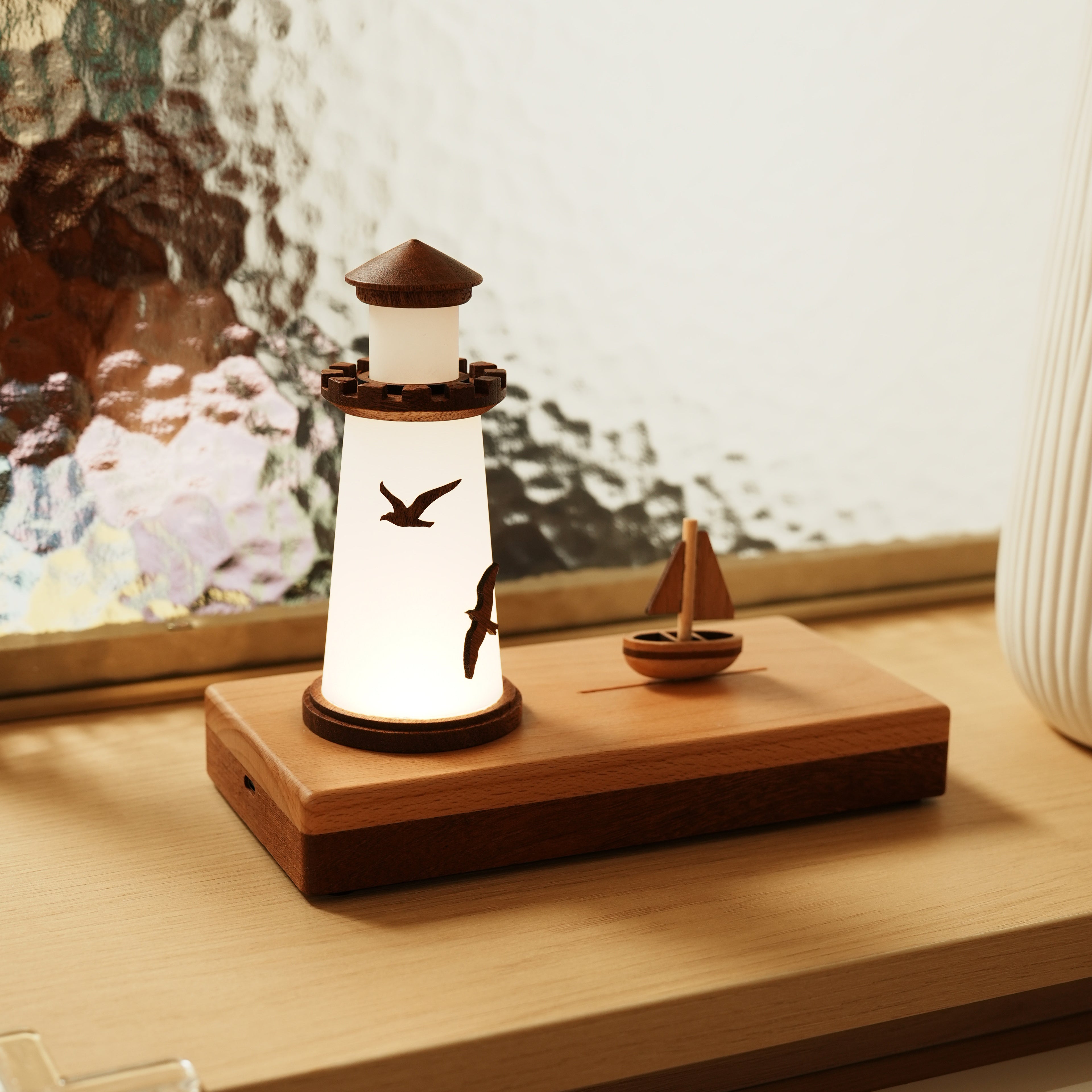 Solid Wood Lighthouse Ambient Lamp – Handcrafted LED Desk Light for Home Décor & Gifting
