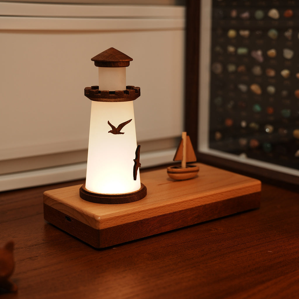 Solid Wood Lighthouse Ambient Lamp – Handcrafted LED Desk Light for Home Décor & Gifting