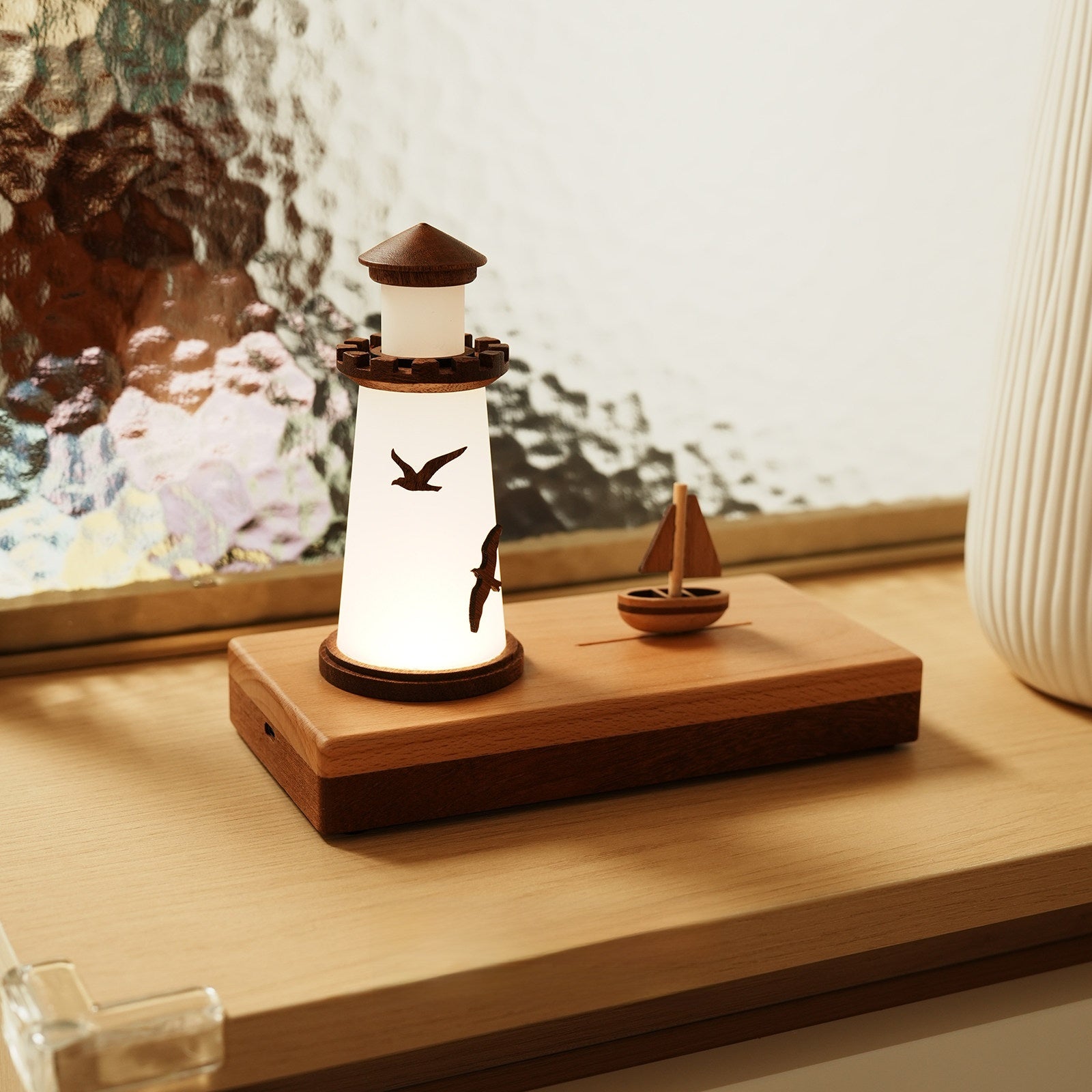 Solid Wood Lighthouse Ambient Lamp – Handcrafted LED Desk Light for Home Décor & Gifting